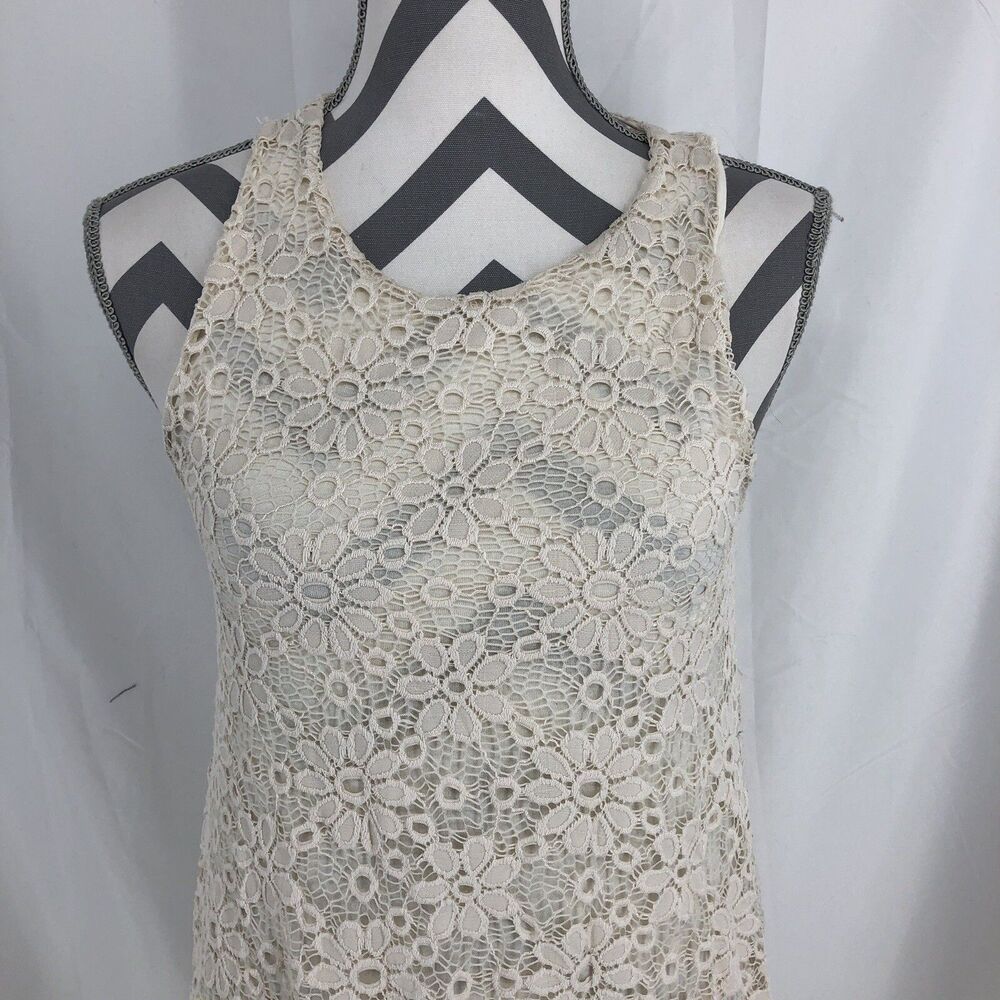 Ginger G Bohemian Beige Crochet Lace Lined Sleeveless Swing Dress Médium